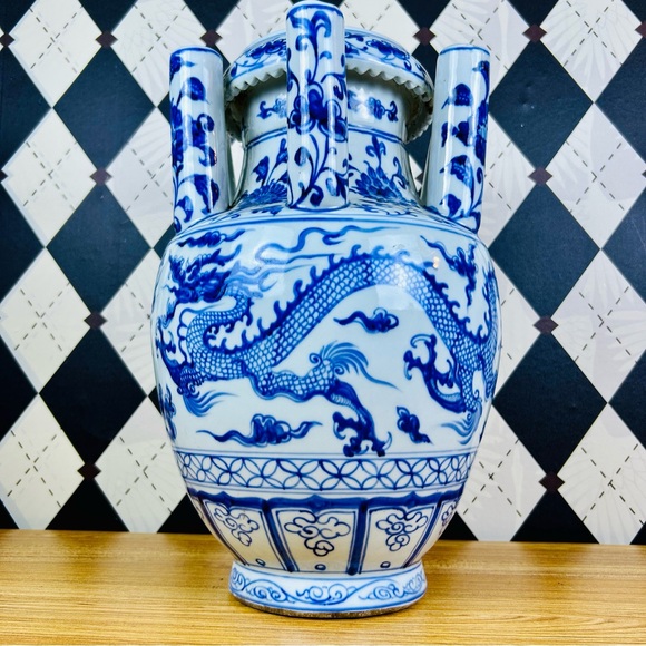 Grand Tulipière 15” Blue & White Chinoiserie Dragon Vase Porcelain Multi-Spout - Picture 11 of 17